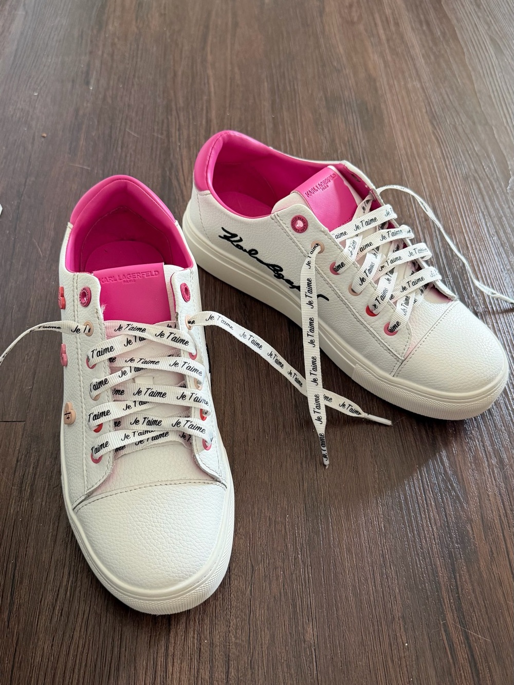 Karl Lagerfeld White Sneakers with Pink Lining & Script Laces